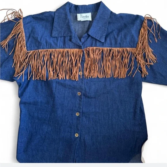 Robellas Vintage Denim Fringe Shirt - Large - Picture 2 of 5